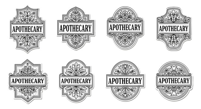 A collection of eight vintage apothecary labels, each featuring intricate ornamental designs and the word "APOTHECARY" in a classic typeface, isolated on a white background.