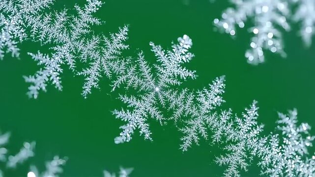 Close up Frost Fractal Snowflakes On Green Background.