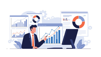 Obraz premium Confident businessman analyzing various business performance metrics and statistical reports on multiple digital monitors.