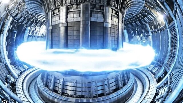 Futuristic Tokamak Nuclear Fusion Reactor Interior: Rotating Electric-Blue Ring of Superheated Plasma with High-Contrast Reflections on Metallic Tungsten Tiles