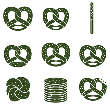 Vector illustration of green pretzels and pretzel rods with salt, isolated on transparent background