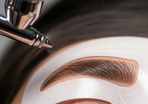 Airbrush spraying on woman eyebrow, close up. Beauty procedure concept for makeup tutorial. Professional cosmetic application.