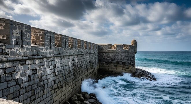 Ancient stone fortification wall along the Hammamet coastline with crashing waves in morning light