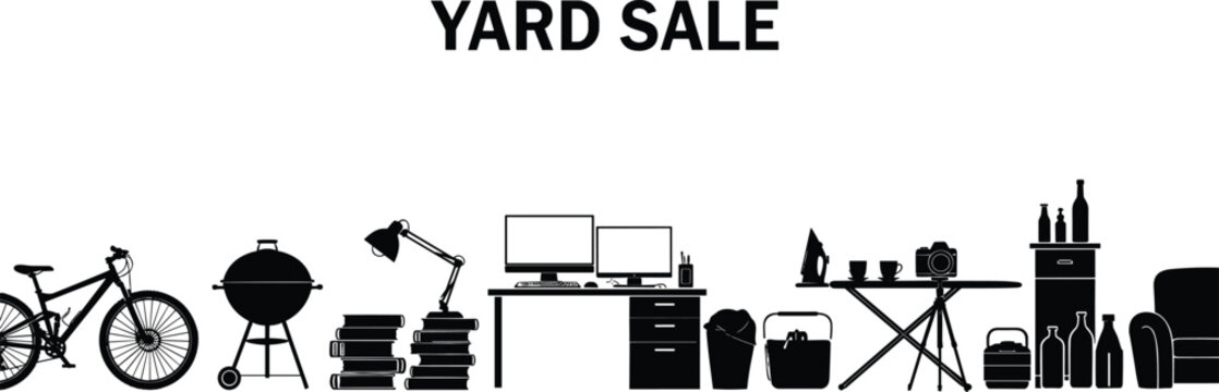 Yard sale concept illustration, garage sale items collection with furniture bicycle books and household objects silhouettes