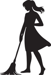 Silhouette of a Woman Sweeping with a Broom cleaning