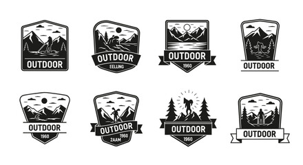 Obraz premium A collection of eight monochrome outdoor adventure logos, featuring mountain landscapes, forest scenes, and silhouetted figures engaged in hiking and exploration, perfect for branding.