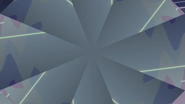 Dynamic motion graphics with geometric shapes and abstract elements in a futuristic environment from a centered viewpoint