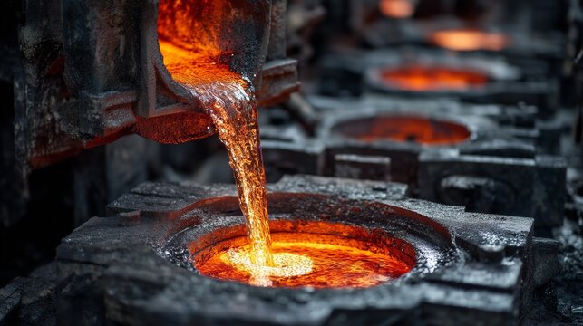 Pouring molten metal into molds at a foundry during daytime work hours