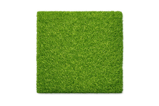 Perfectly manicured square patch of vibrant green grass isolated on black background