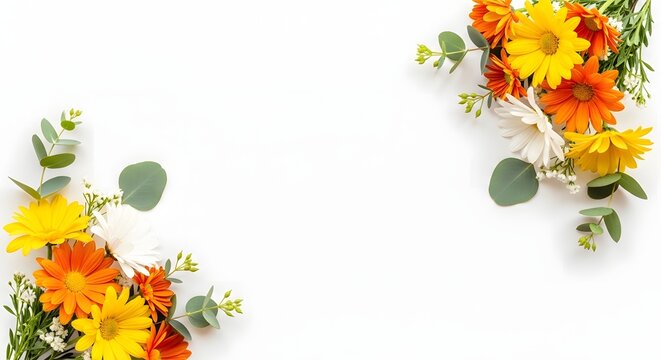 Vibrant flowers in orange, yellow, and white with green leaves on white background