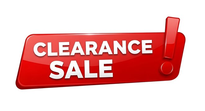 A red clearance sale tag with an exclamation mark, indicating a discount or promotional offer, viewed from a straightforward angle