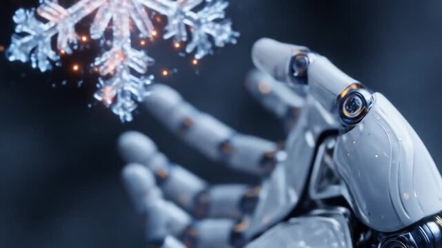 Robotic hand holding snowflake against dark background illustration