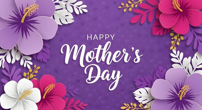 Vibrant Happy Mother's Day floral greeting card with purple background