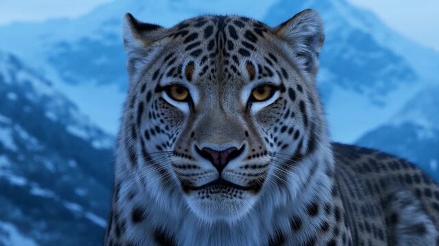 Close-up portrait of a vulnerable snow leopard in its high-altitude habitat, emphasizing piercing eyes and dense patterned fur