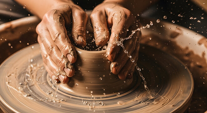 Hands shape clay on spinning pottery wheel with water splashing around