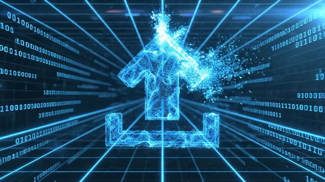 Digital upload icon with binary code and glowing particles
