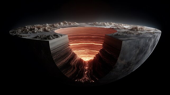 Half-sliced planet exposing geological strata, molten core radiating light, earthy surface with deep subsurface details, 