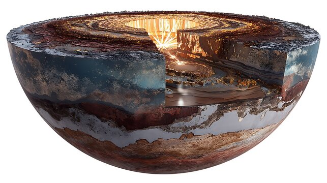 Half-sliced planet exposing geological strata, molten core radiating light, earthy surface with deep subsurface details, 