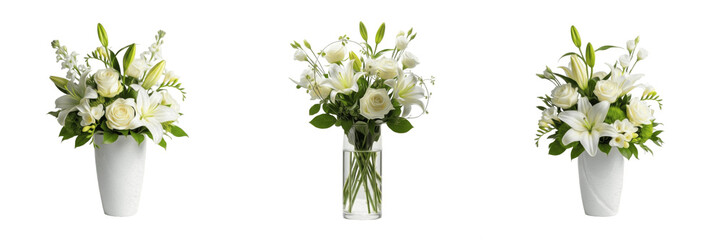 Set of Elegant Bouquets with White Lilies and Roses in Vases Isolated on White Background for Wedding and Interior Decor © Gadda