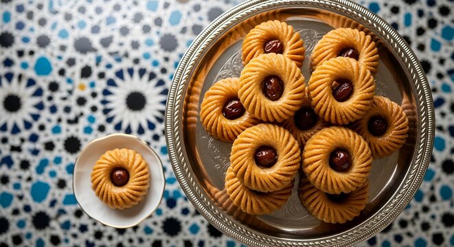 Tunisian Makroudh pastries on ornate silver tray in soft window light
