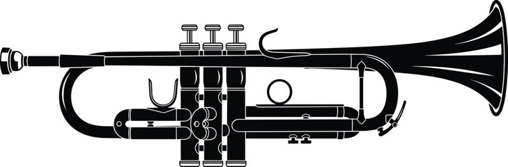 Black vector silhouette of a classic trumpet musical instrument for jazz band performance orchestral music concerts brass instrument education symphony theater and entertainment branding, © MDRAZIURRAHMAN