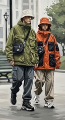 Man and woman wearing bucket hats walking on city street illustration. Urban fashion and millennial lifestyle concept.