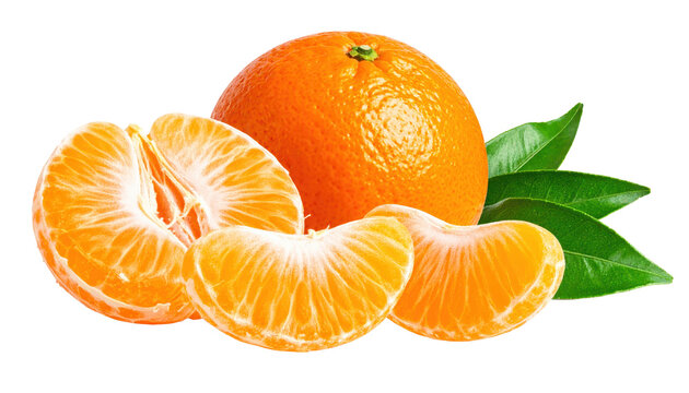 Whole and peeled mandarins with green leaves