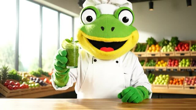 A cheerful cartoon frog in a chef's hat giving a thumbs up in a vibrant supermarket