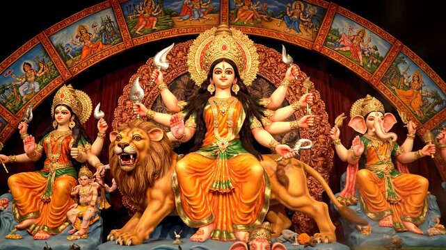 Magnificent Idol of Goddess Durga Lion and Family during Durga Puja