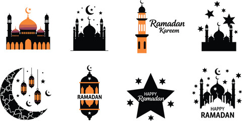 Ramadan icons collection, mosque silhouettes, crescent moons, Islamic lanterns, festive decorative artwork, cultural celebration symbols, traditional Ramadan greeting design elements © Azizul360