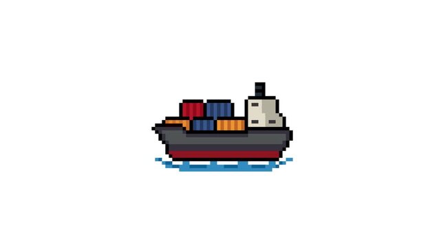 8bit Pixel Art Cargo Ship Looping Animation on White Background &ndash; Retro Container Vessel Sprite