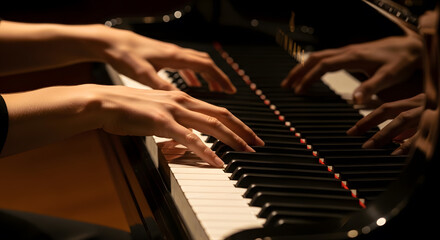 Two hands play piano keys with focused attention in warm lighting