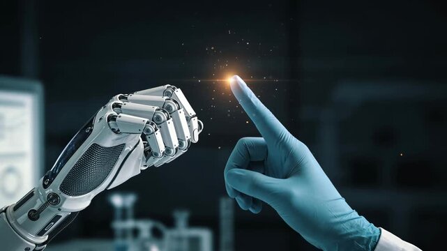 AI monetization timeline - Close-up of Robotic Finger Touching Human Gloved Hand with Glowing Interface