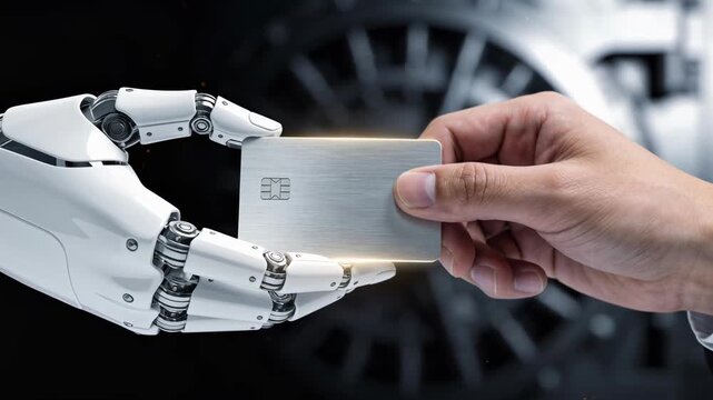 chargeback management - Robotic Hand Passing Platinum Credit Card to Businessman in Front of Bank Vault 