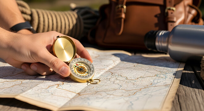 Hand holding compass over map with water bottle and rope nearby