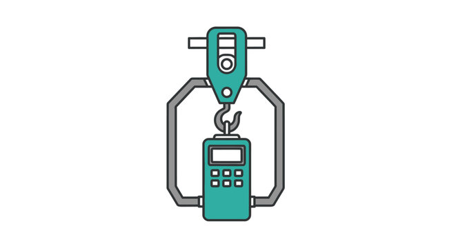 Digital dynamometer illustration showing a force gauge with a display and buttons, hooked to a top measuring device.