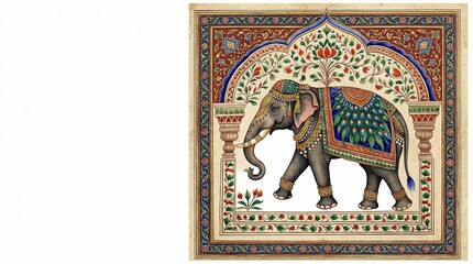 Fototapeta premium Traditional Indian Mughal Peacock Elephant with Decorative Saddle Art on White Background