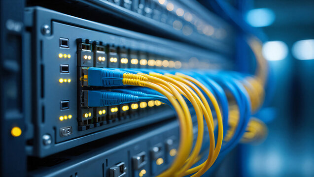 Close up of server rack with blue and yellow ethernet cables connected to network switch ports in data center for high speed connectivity