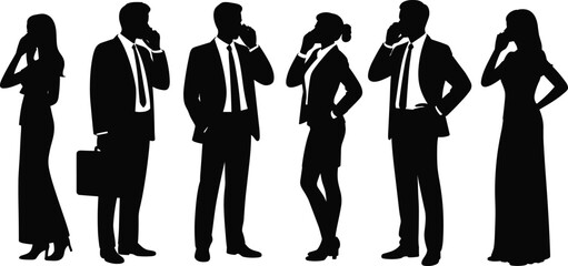 Business professionals silhouettes set, men and women talking on smartphones, corporate communication concept, black vector illustration isolated