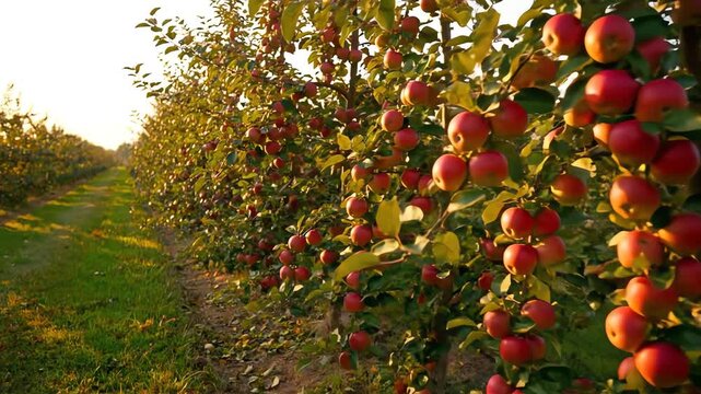 A close-up view of ripe red apples growing abundantly on branches, captured in warm golden hour light, highlighting the vibrant autumnal mood of the commercial orchard.