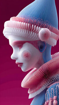 A whimsical clown with a serene expression, the image showcasing a unique artistic style and captivating visual