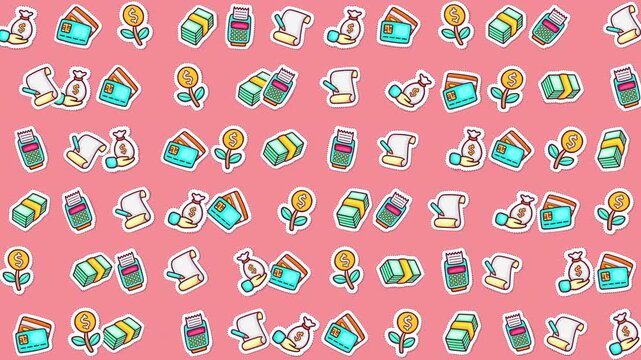 Pink background with scattered financerelated icons. Suitable for financial presentations, social media posts, and blog graphics on money topics.