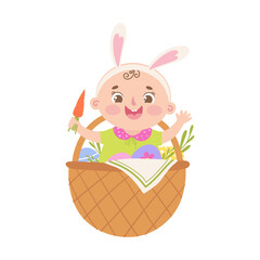 Baby in Easter basket holding a carrot. Cartoon Easter illustration.