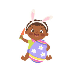 Cartoon baby with an Easter egg and a carrot. Vector holiday illustration.