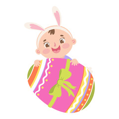 Cute baby with decorative Easter egg. Cartoon Easter vector illustration.