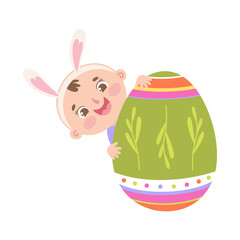 Cute baby with Easter egg wearing bunny ears. Cartoon vector character illustration.