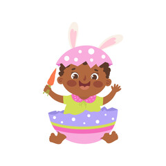 Baby in Easter egg costume. Cartoon Easter illustration.