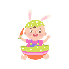 Cute baby with bunny ears in Easter egg. Cartoon Easter illustration.