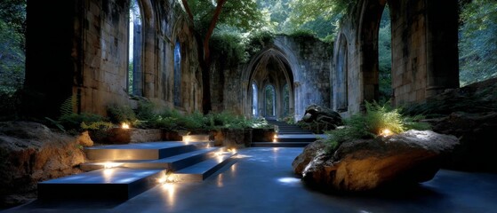 Naklejka premium Ancient Abandoned Medieval Temple Ruins in Forest With Mystical Light and Stone Architecture