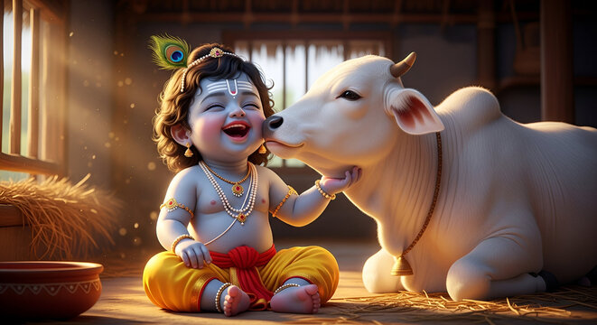 Krishna baby with sacred cow in warm village home interior devotional Hindu mythology art for spiritual culture concept